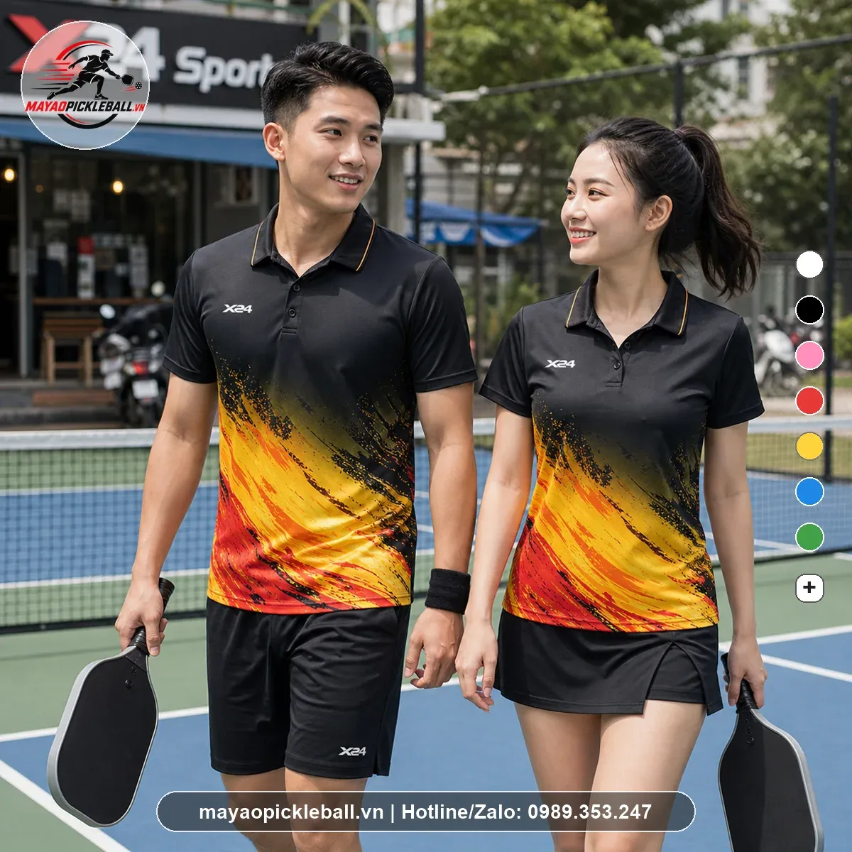Áo pickleball nam nữ có cổ tay ngắn PND PB-021 đen vàng đỏ
