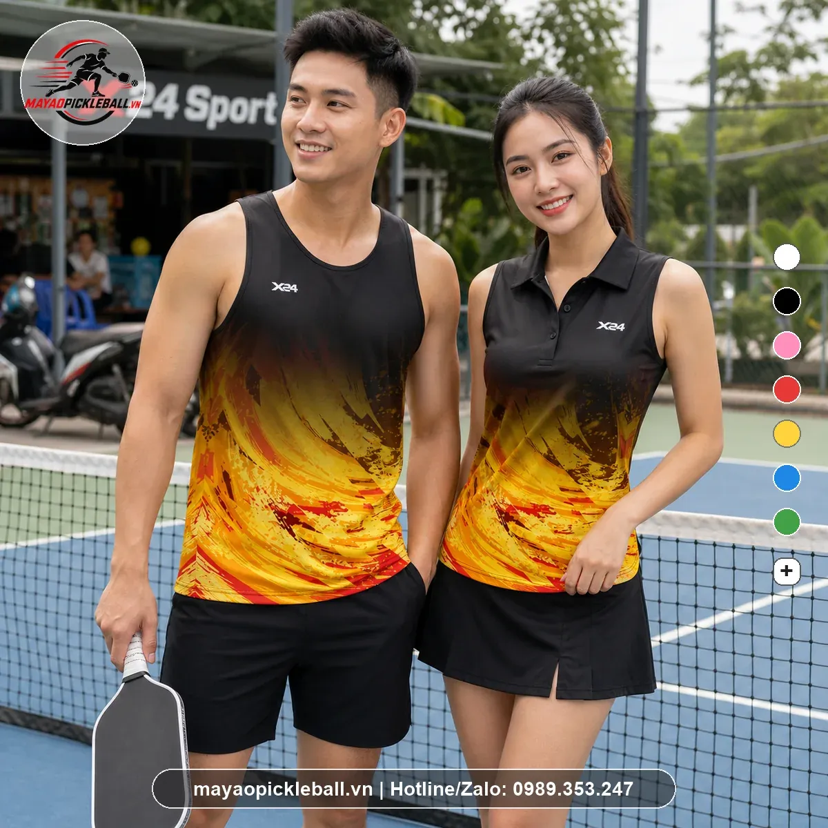 Áo pickleball nam 3 lỗ nữ không tay có cổ PND PB-021 đen vàng đỏ
