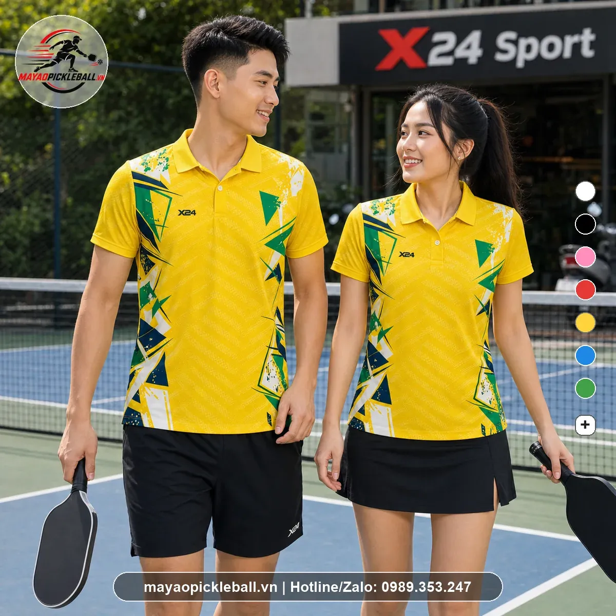 Bộ quần áo pickleball nam nữ PND vàng xanh có cổ ngắn tay PND-PB-010