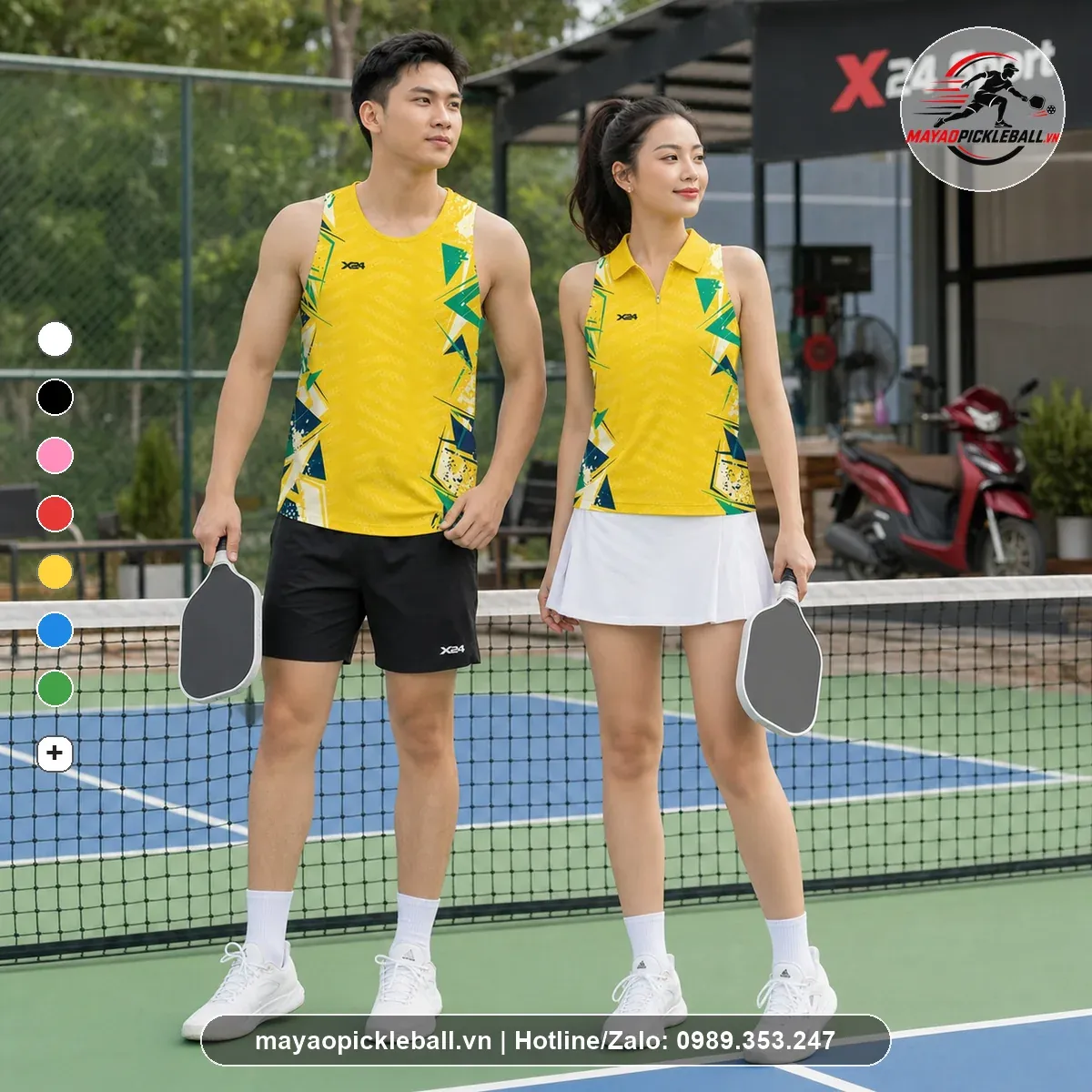 Áo pickleball nam 3 lỗ nữ không tay có cổ PND vàng xanh PND-PB-010