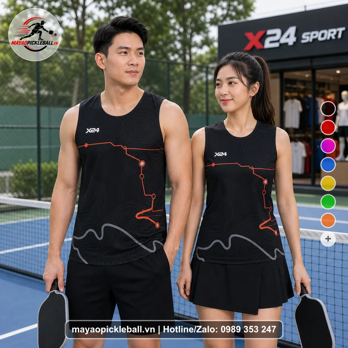 Bộ Quần Áo Pickleball PND-PB-059 Đen Đỏ Cam Xám Năng Động